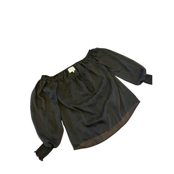 WAYF x BFF Sarah Silver Metallic & Black Off the Shoulder Top Sheer Long Sleeves - Picture 11 of 12